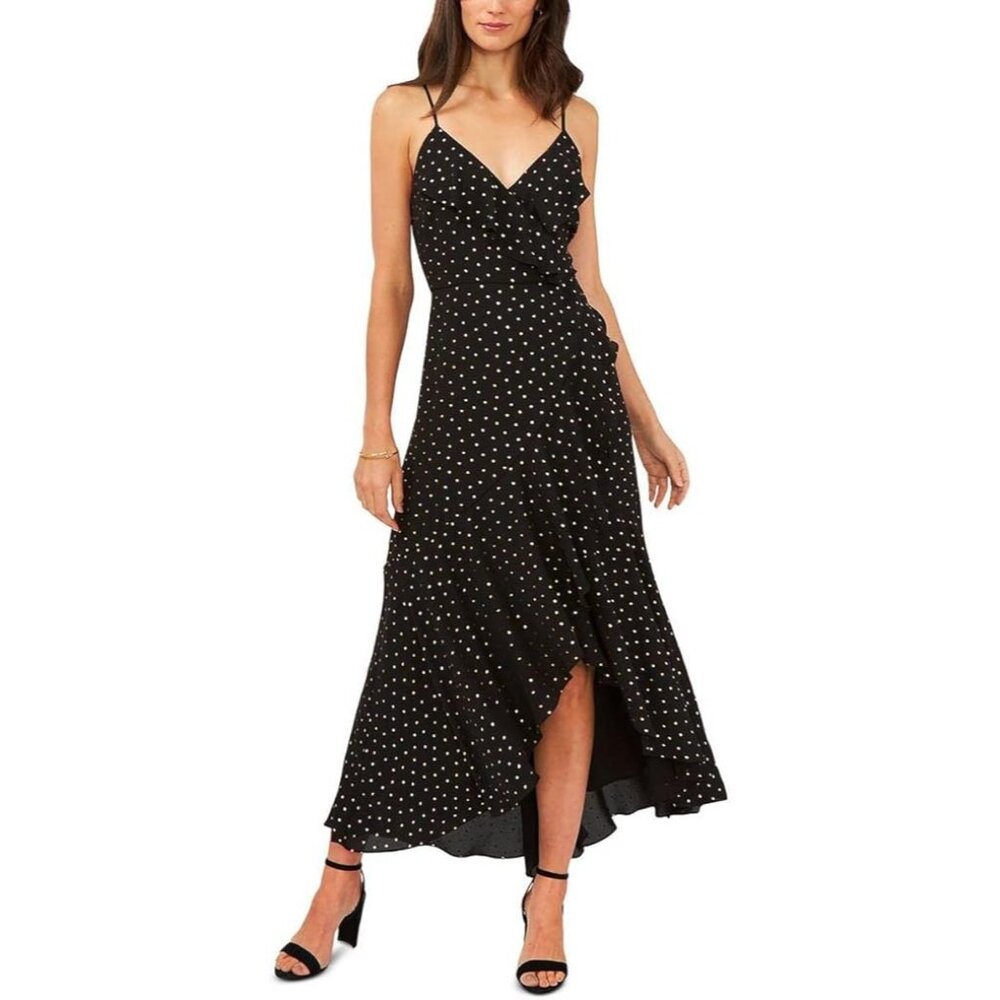 MSK Women's Ruffled Long Wrap Dress Asymmetric Hem Polka Dots Black Gold Size PS